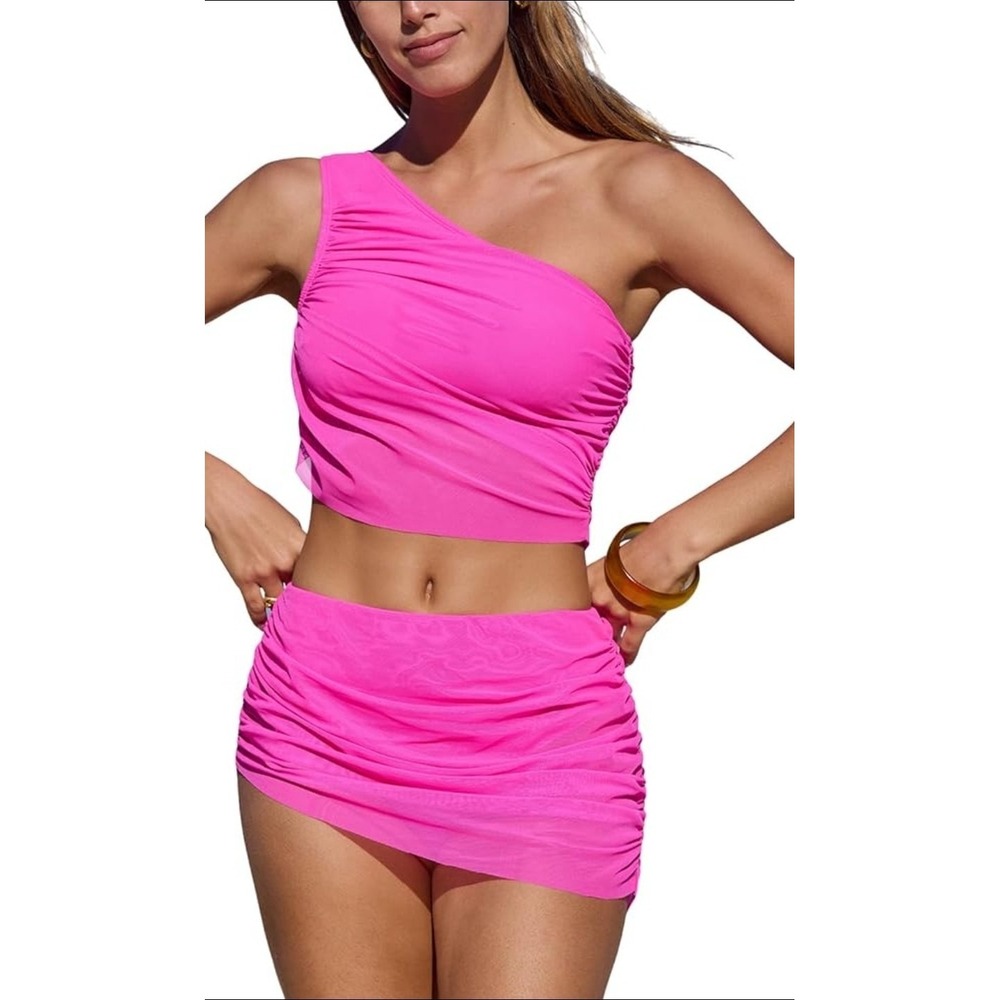 CUPSHE Red Large Asymmetrical Bikini Top Only Swimsuit One Shoulder Ruched Mesh